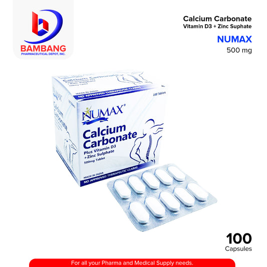 NUMAX Calcium Carbonate Plus Vitamin D3 +Zinc Sulphate 500mg Tablet 100's