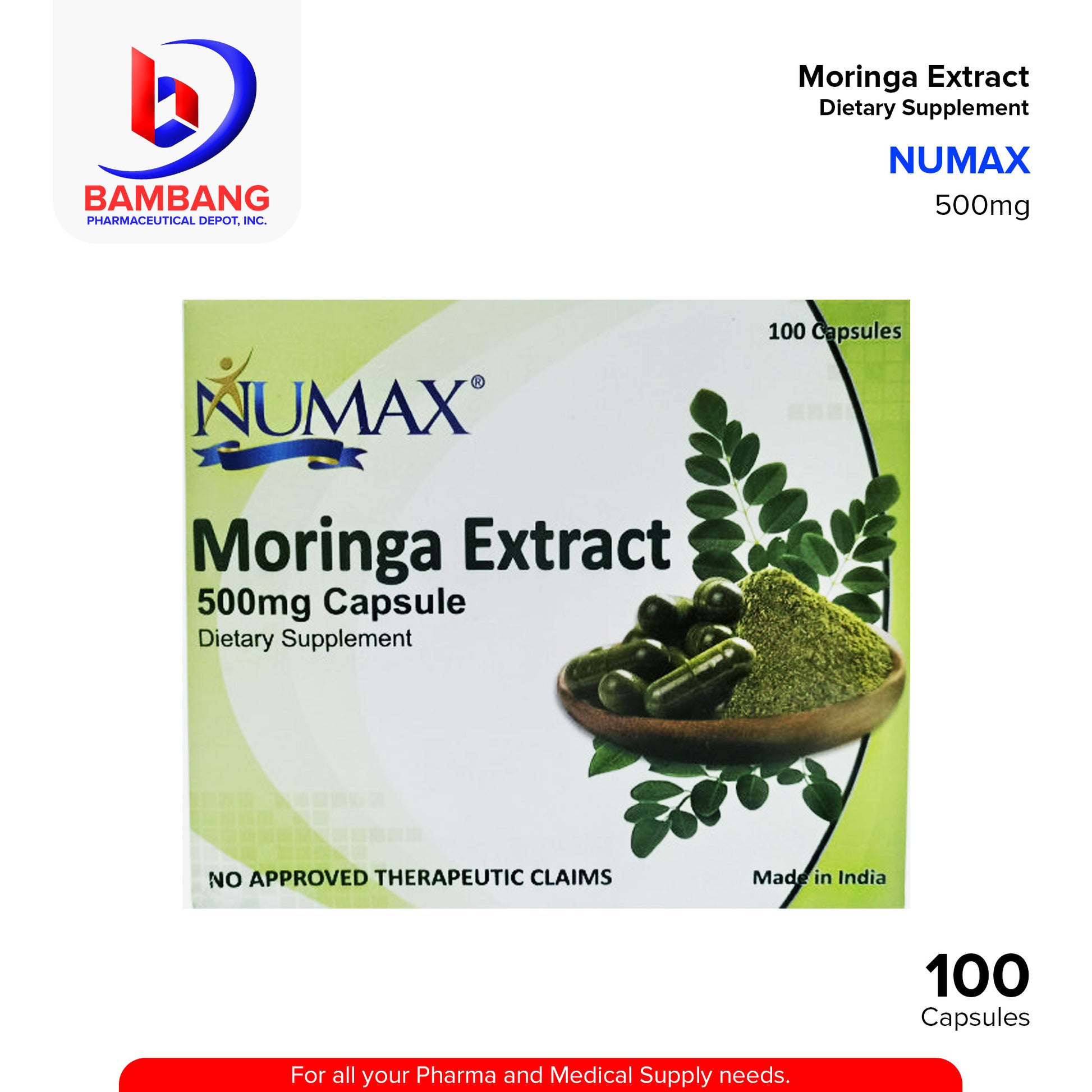 NUMAX Moringa Extract 500mcg Dietary Supplement Capsules 100's