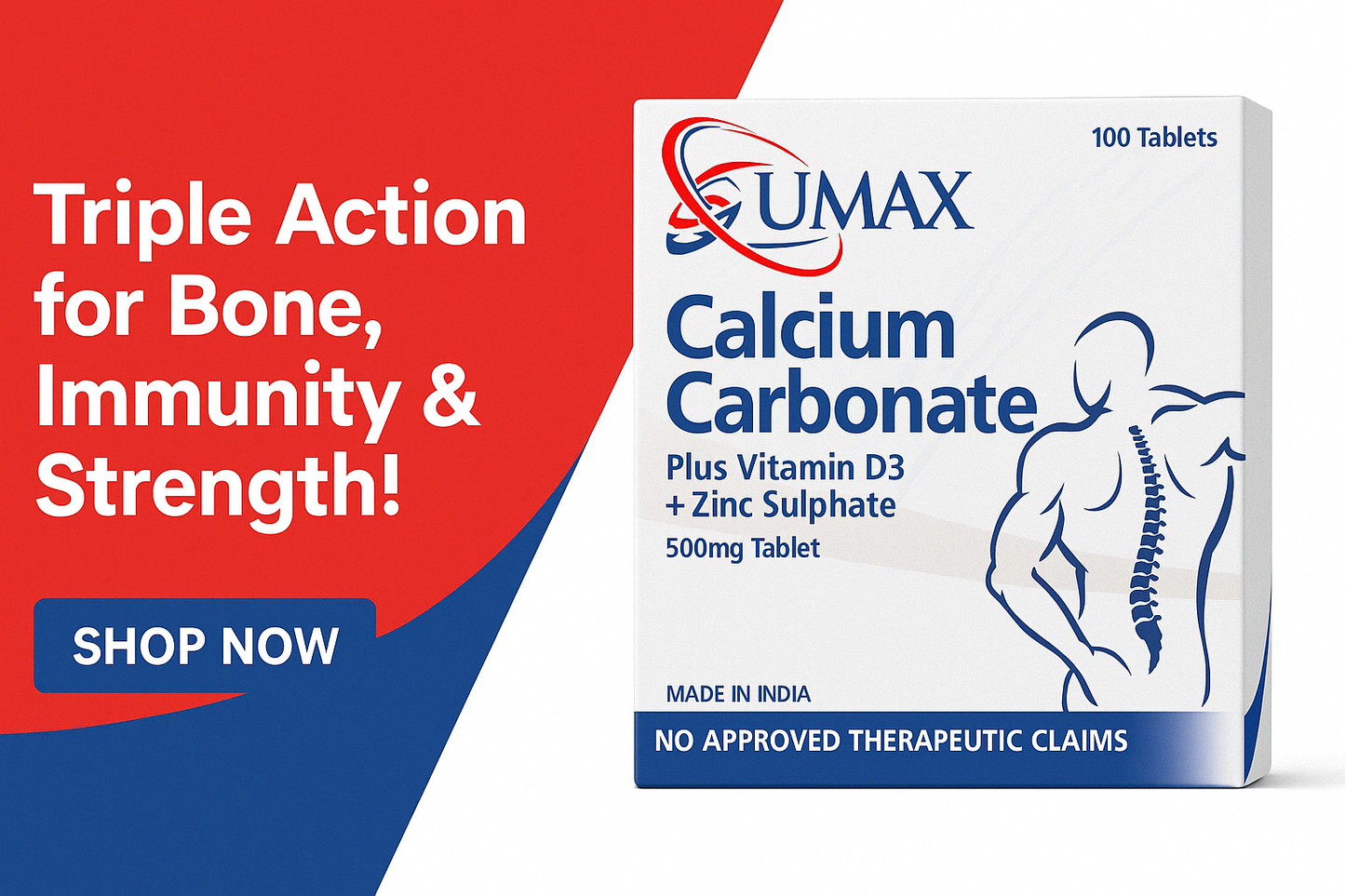 Calcuim Carbonate (Numax) Plus Vitamin D3 +Zinc Sulphate 500mg Tablet 100's