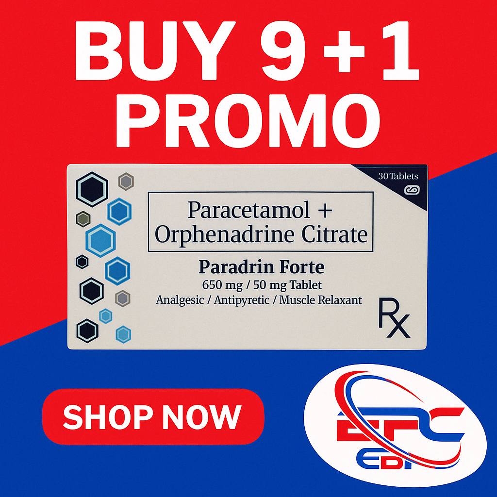 Paracetamol + Orphenadrine Citrate (Paradrin Forte) 650 mg/50 mg Tablet Analgesic/Antipyretic/Muscle Relaxant