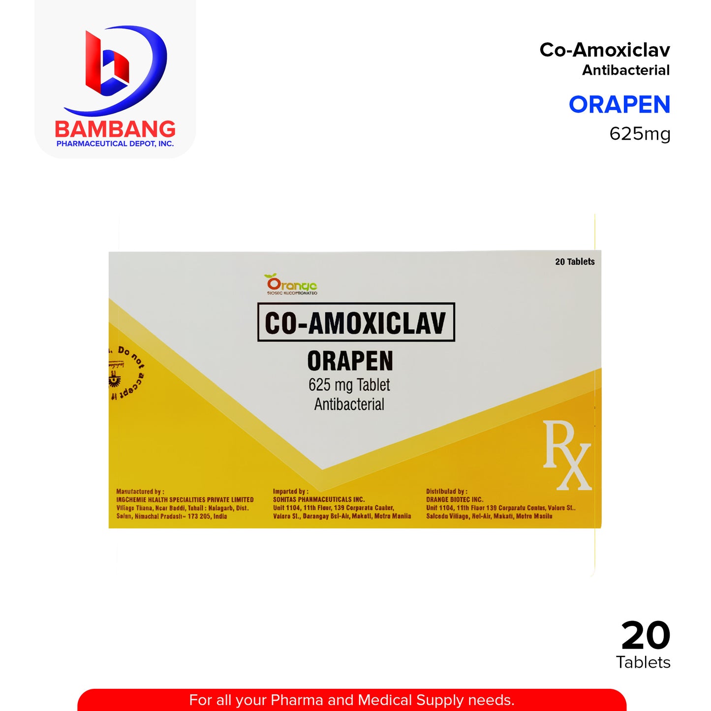 ORAPEN Co Amoxiclav 625mg Antibacterial Tablet 20's