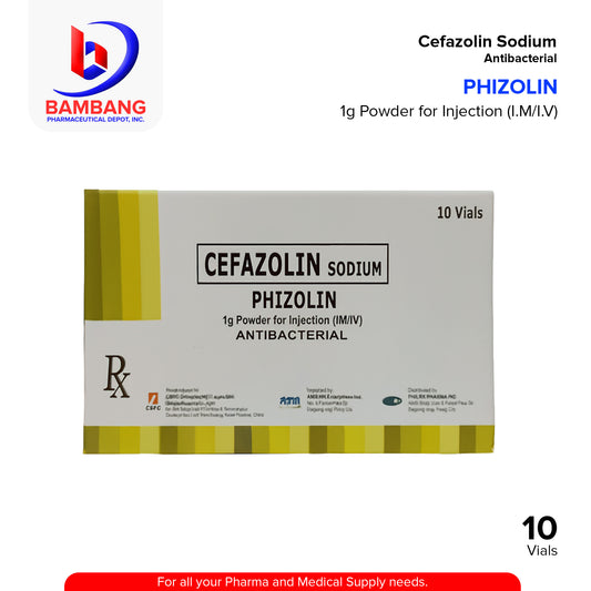 PHIZOLIN Cefazolin Sodium 1g Powder for Injection (I.M/I.V) Antibacterial Vials 10's