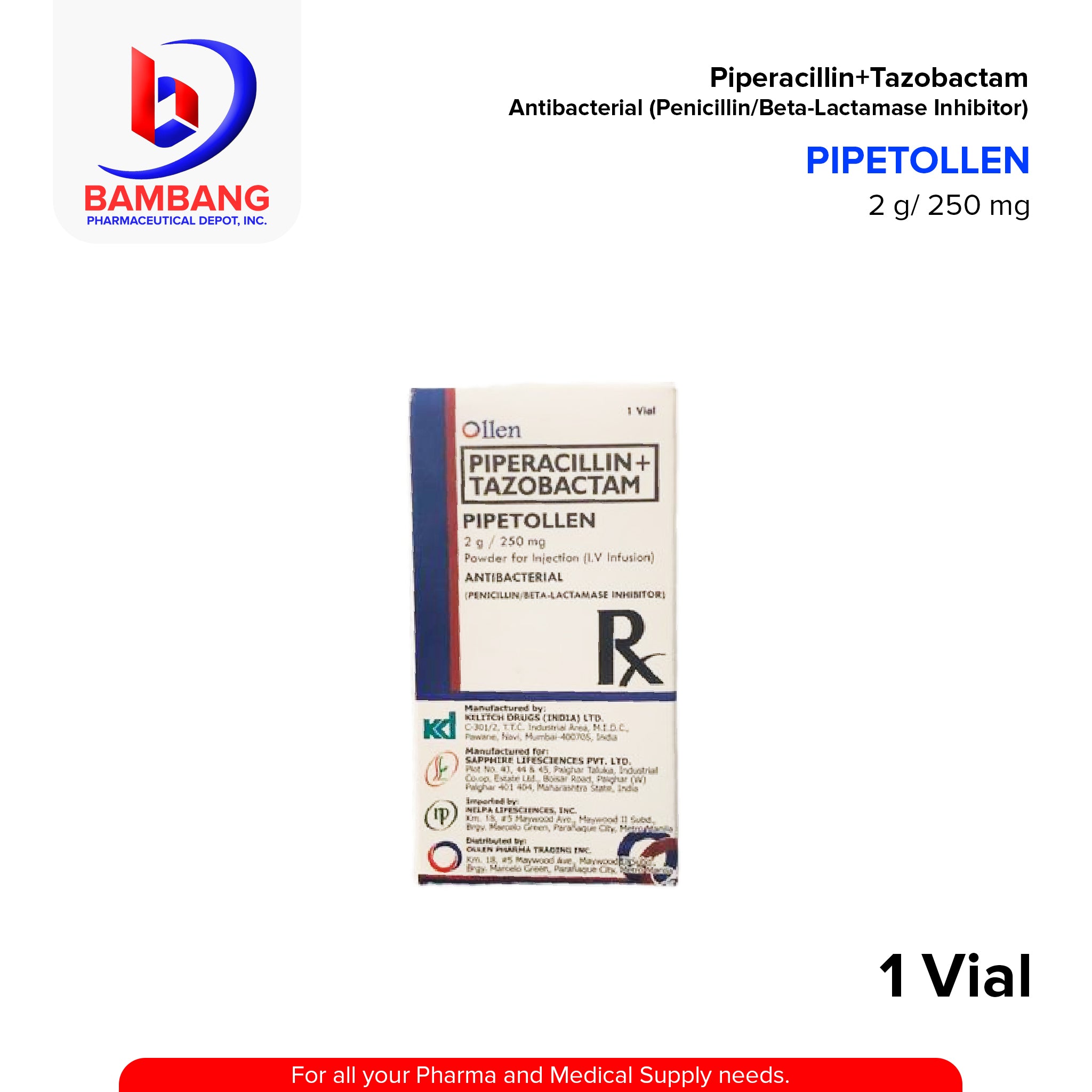 PIPETOLLEN Piperacillin + Tazobactam 2g/250mg Powder For Injection (I ...
