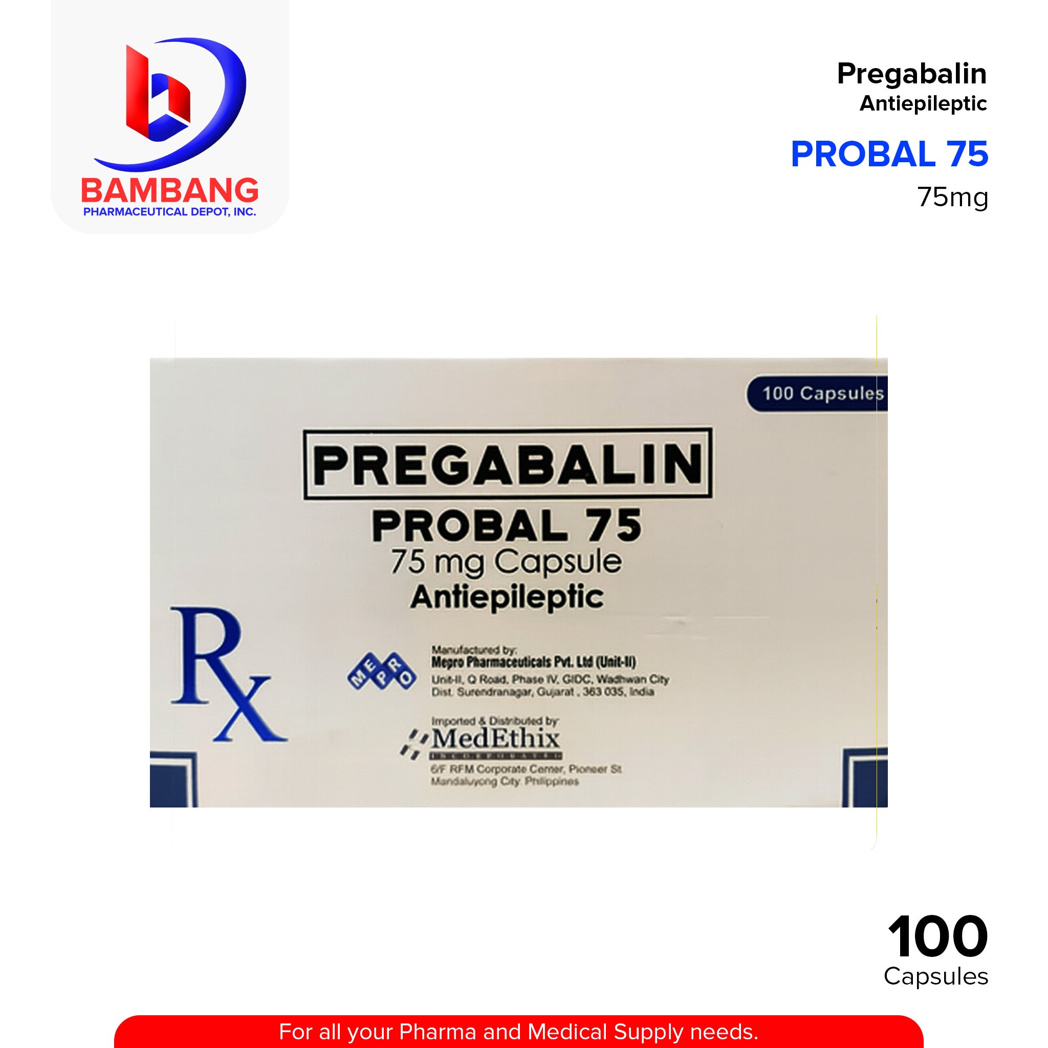 PROBAL 75 Pregabalin 75mg Capsule 100's – Bambang Pharmaceutical Depot Inc.