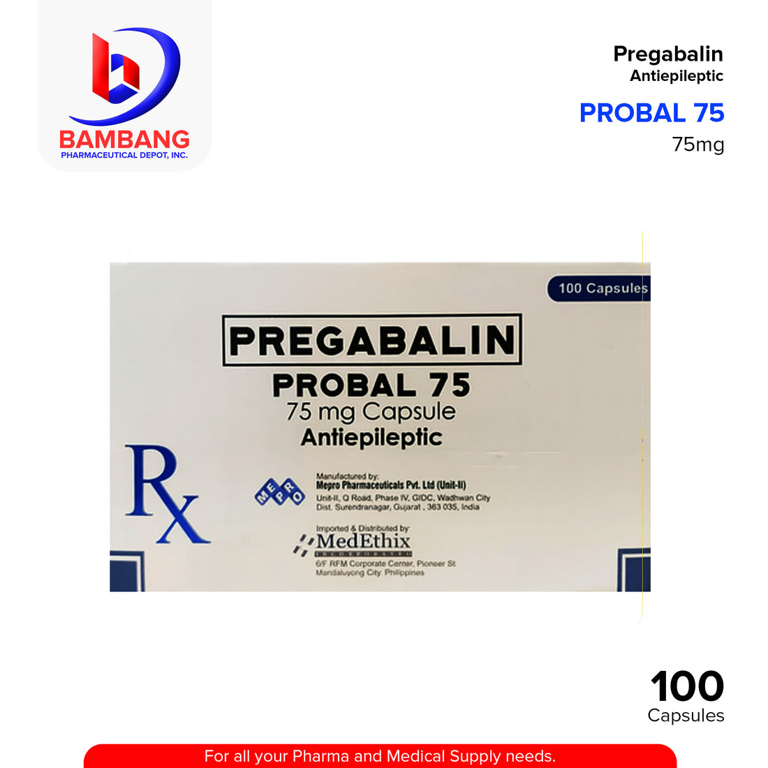 PROBAL 75 Pregabalin 75mg Capsule 100's – Bambang Pharmaceutical Depot Inc.