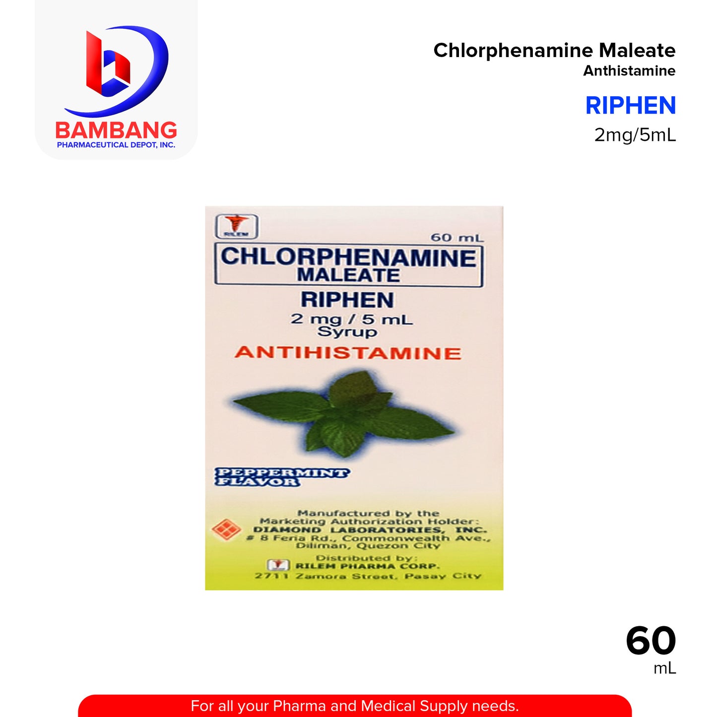 RIPHEN Chlorphenamine Maleate 2mg/5ml Syrup 60ml