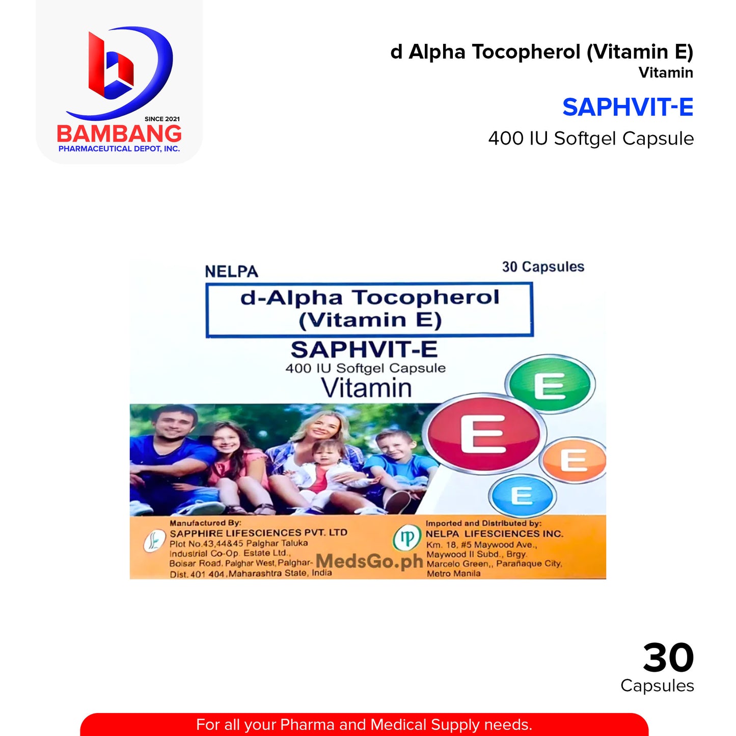D Alpha Tocopherol Vitamin E (Saphvit E) 400IU Softgel Capsule 30's