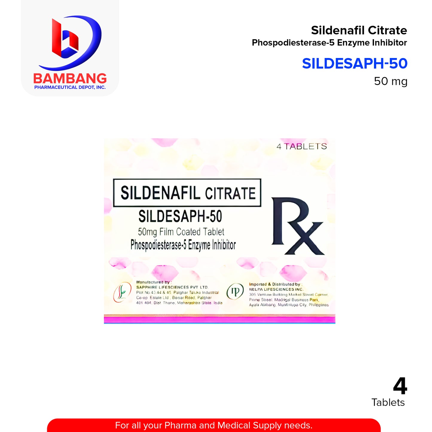 SILDESAPH Sildenafil Citrate 50mg Film Coated Tablet 4's