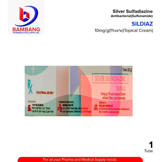 SILDIAZ Silver Sulfadiazine 10mg/g (1% w/w) Topical Antibacterial Cream 1 Tube 20g
