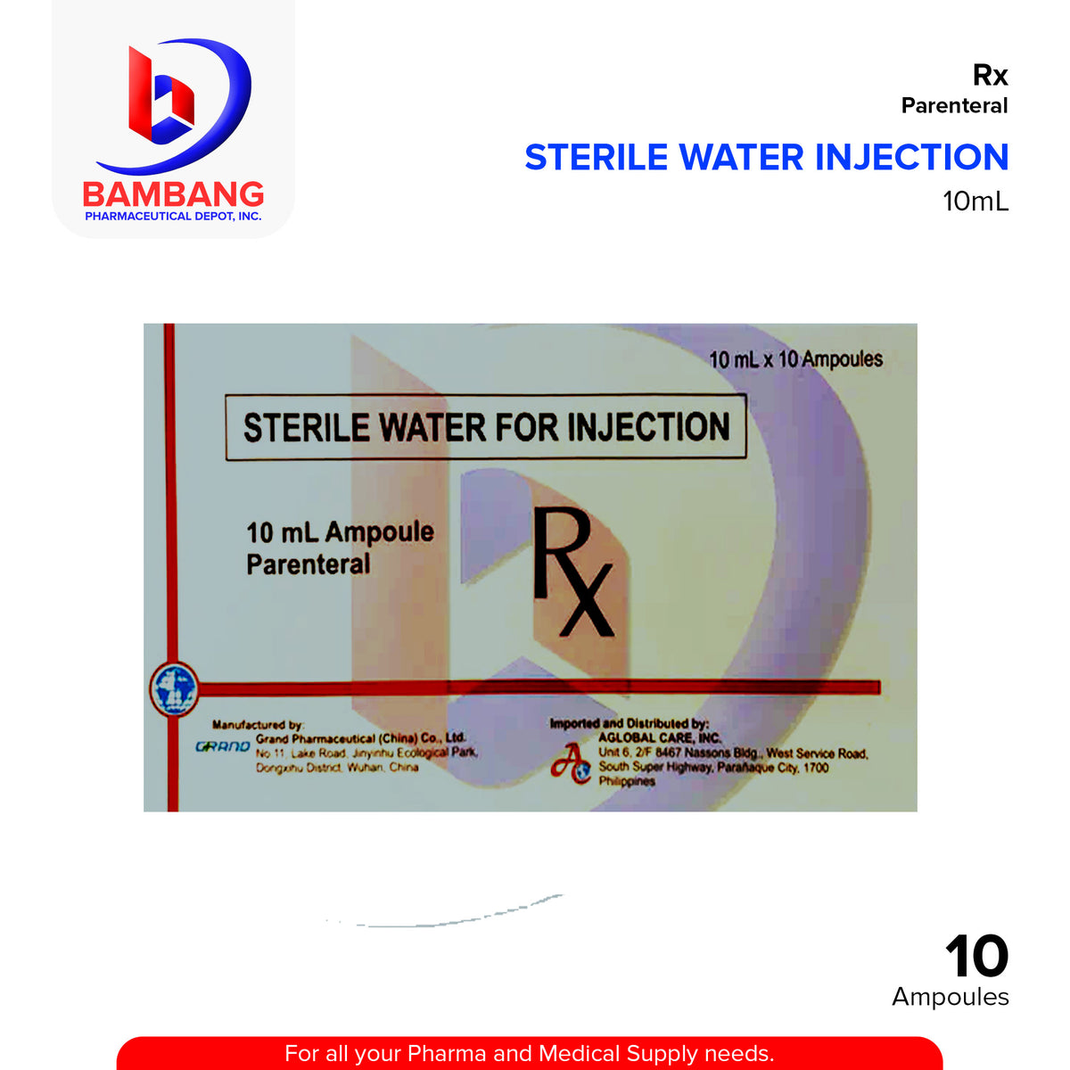 GRAND PHARMA Sterile Water for Injection 10ml x Ampoule 10's – Bambang ...