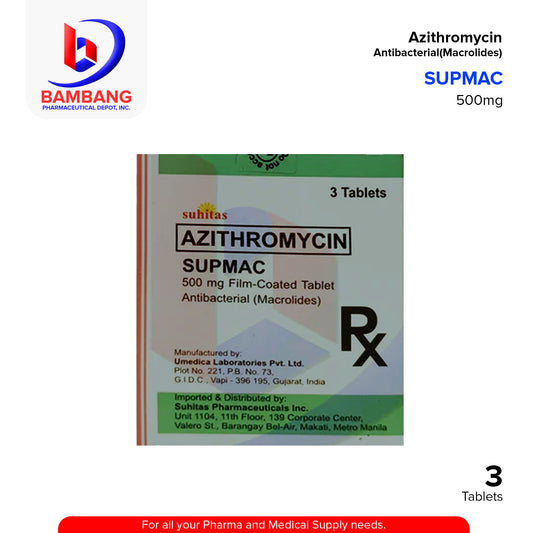 SUPMAC Azithromycin 500mg Film Coated Antibacterial Tablet 3's