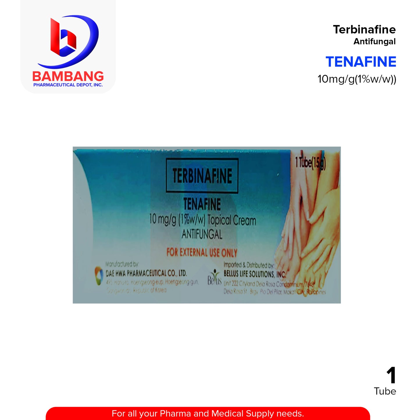 TENAFINE Terbinafine 10mg/g (1% w/w) Topical Anifungal Cream 1 Tube 15g