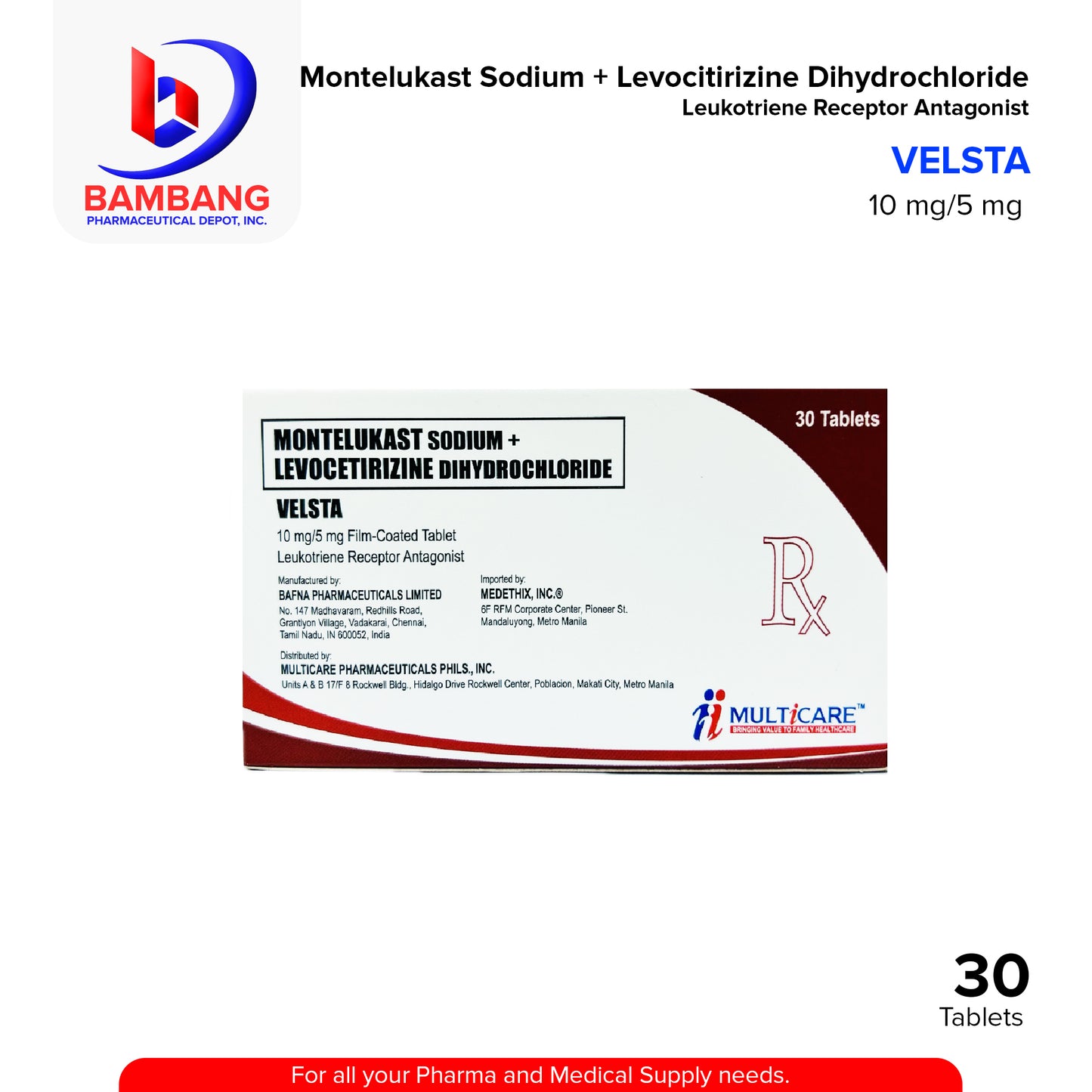 Montelukast Sodium + Levocetirizine Dihydrochloride (Velsta) 10mg/5mg Film Coated Leukotrien Receptor Antagonist Tablet 30's