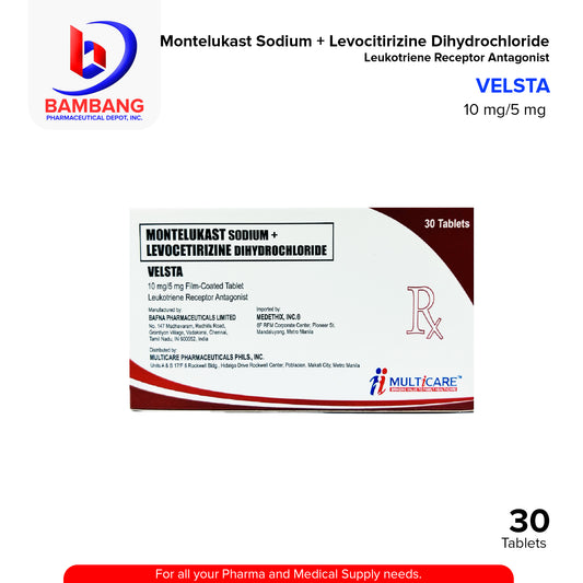 Montelukast Sodium + Levocetirizine Dihydrochloride (Velsta) 10mg/5mg Film Coated Leukotrien Receptor Antagonist Tablet 30's