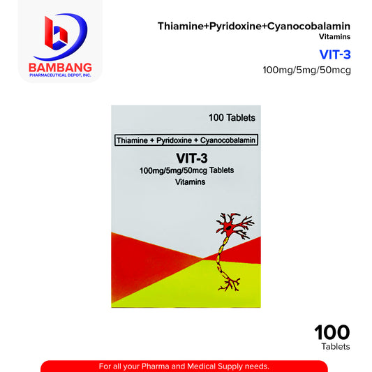 VIT 3 Thiamine + Pyridoxine HCI + Cyanocobalamin 100mg/5mg/50mcg Tablets 100's