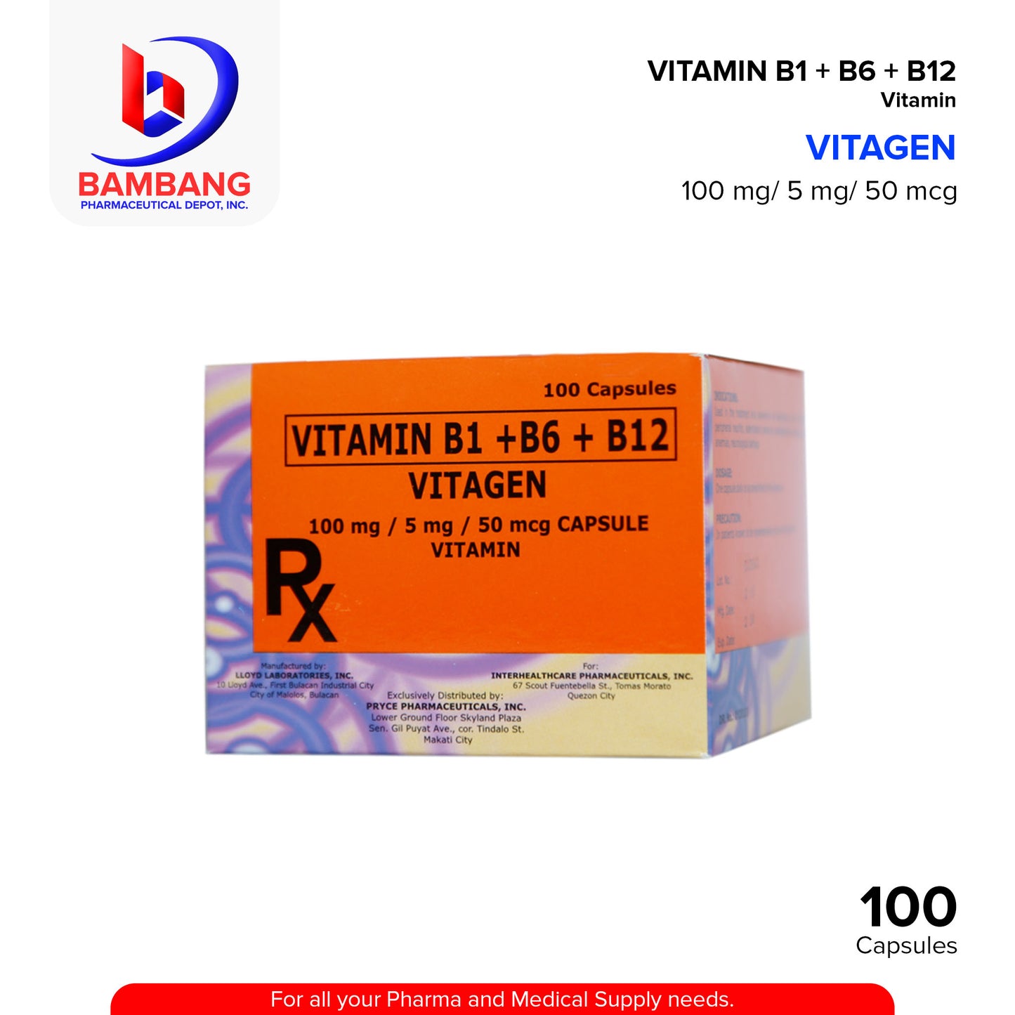 VITAGEN VITAMIN  B1 + B6 + B12 Capsule 100's
