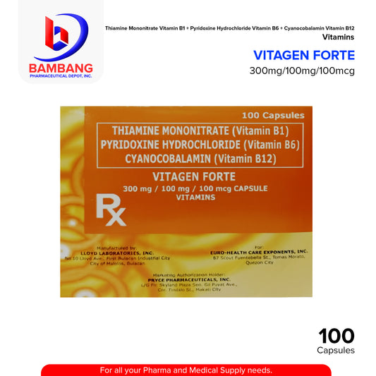 VITGEN FORTE Thiamine Mononitrate Vitamin B1 + Pyridoxine Hydrochloride Vitamin B6 + Cyanocobalamin Vitamin B12 300mg/100mg/100mcg Capsule 100's