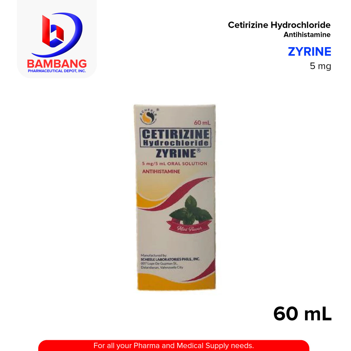 ZYRINE Cetirizine Hydrochloride 5mg/5ml Oral Solution Syrup 60ml ...