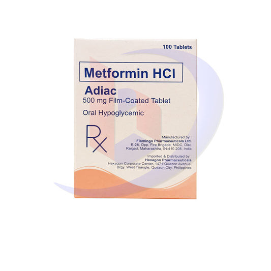 Metformin HCI (Adiac) 500mg Film Coated Oral Hypoglycemic Tablets 100's