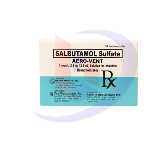 Salbutamol Sulfate (Aerovent) 1mg/ml (2.5mg / 2.5ml) Solution for Inhalation Nebule 30's
