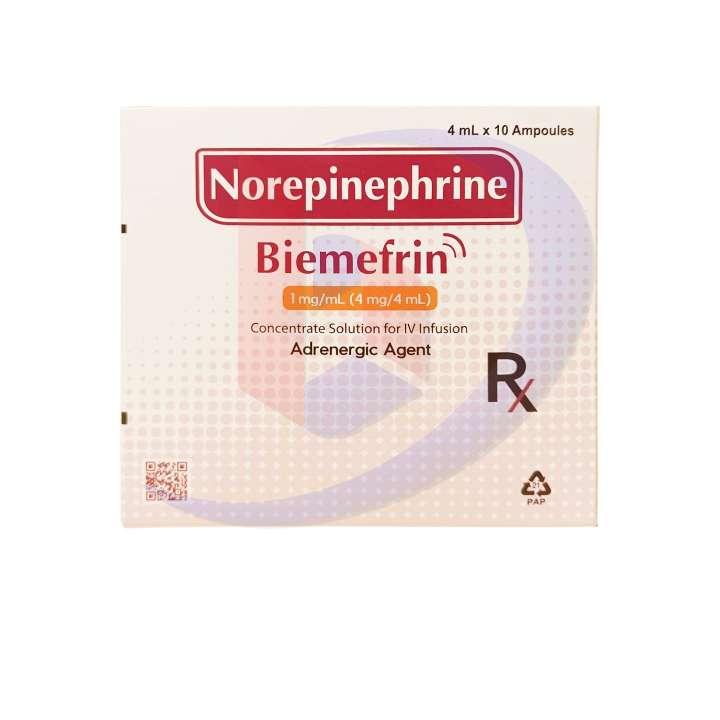 Norepinephrine (Biemefrin) 1mg/ml (4mg/4ml) Concentrate Solution for IV Infusion Adrenergic Agent 10 Ampoule x 4ml