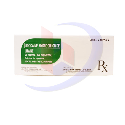 Lidocaine Hydrochloride (Litaine) 20mg/ml (400mg/20ml) Solution for Injection 20ml x 10 Vials
