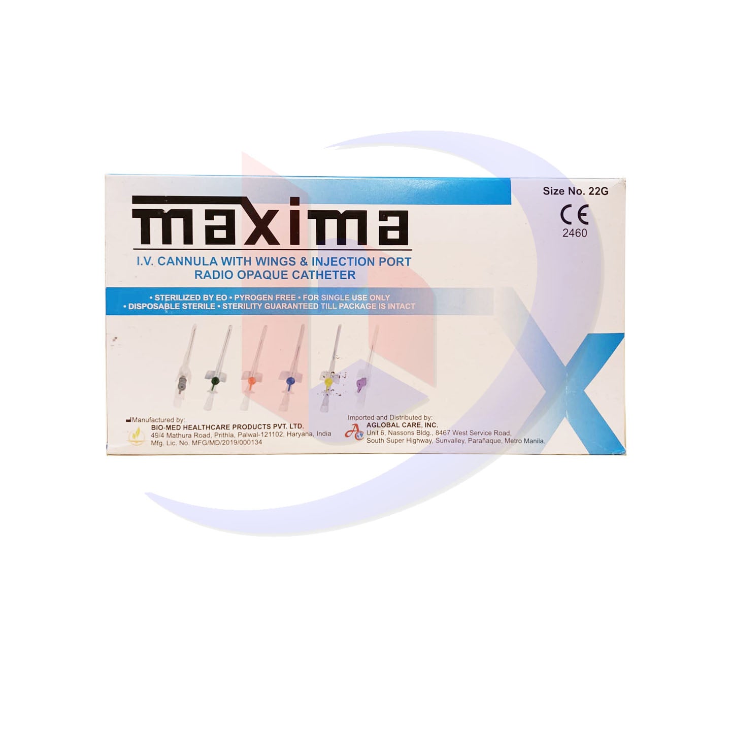 IV Cannula with Wings & Injection Port Radio Opaque Catheter (Maxima) Sterilized by EO Size No. 22G by 100's