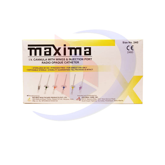 IV Cannula with Wings & Injection Port Radio Opaque Catheter (Maxima) Sterilized by EO Size No. 24G by 100's