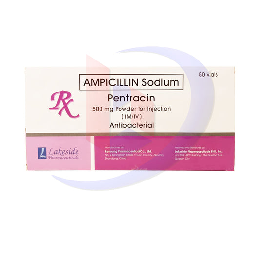 Ampicillin Sodium (Pentracin) 500mg Powder for Injection (IM/IV) Antibacterial Vial 50's