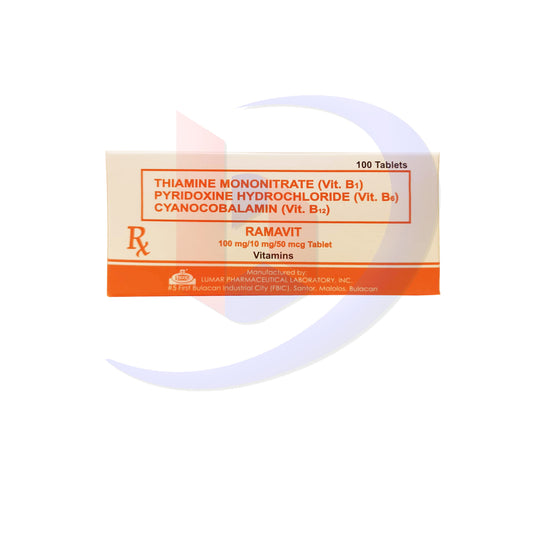 Thiamine Mononitrate Vit B1 + Pyridoxine Hydrochloride Vit B6 + Cyanocobalamine Vit B12 (Ramavit) 100mg/10mg/50mcg Tablet 100's