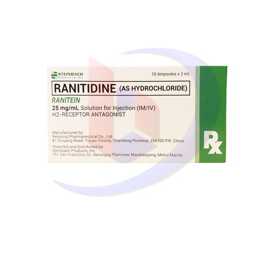 Ranitidine as Hydrochloride (Ranitein) 25mg/ml Solution for Injection I.M/I.V 2ml x Ampoules 10's