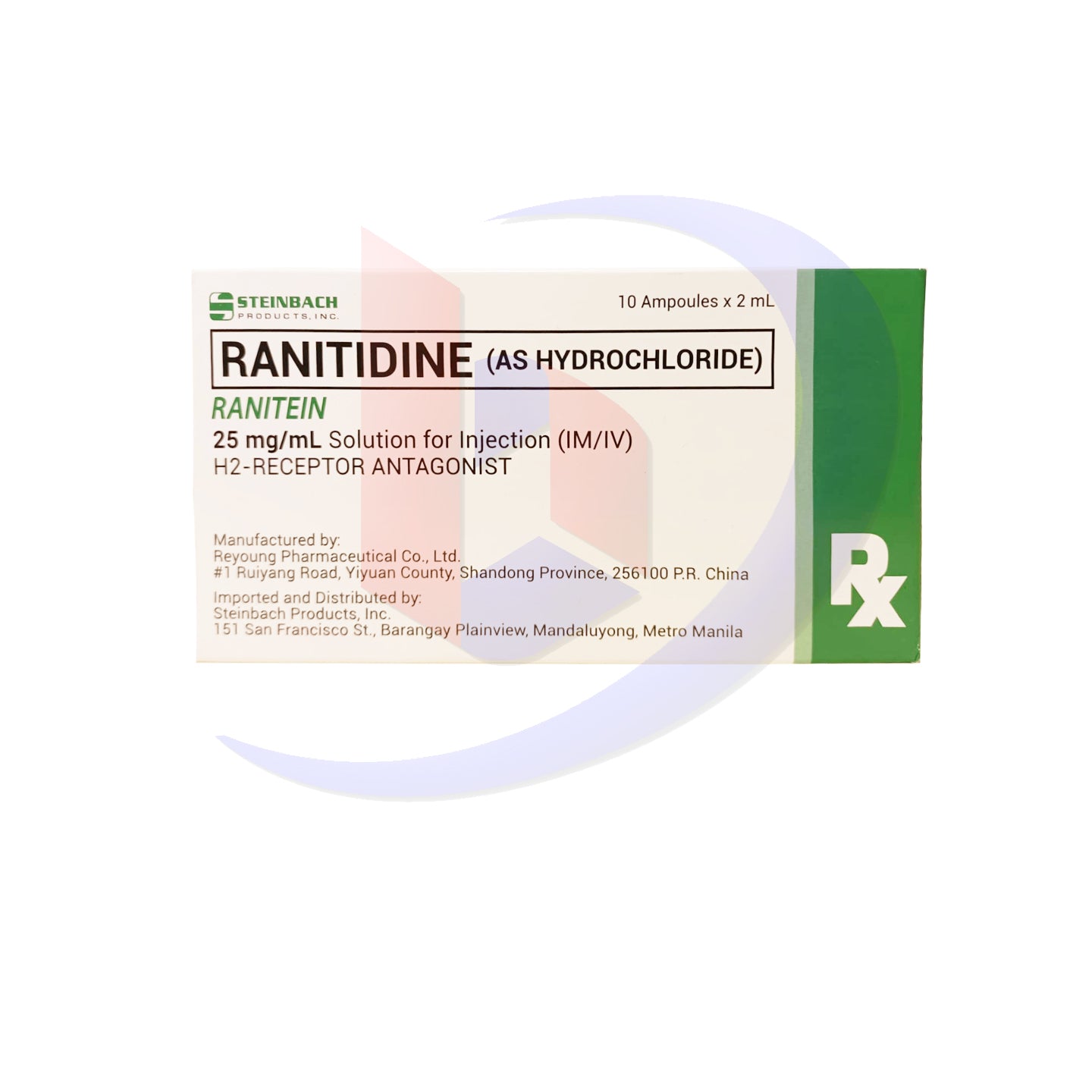 Ranitidine as Hydrochloride (Ranitein) 25mg/ml Solution for Injection I.M/I.V 2ml x Ampoules 10's