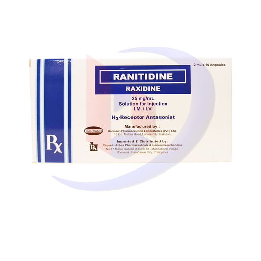 Ranitidine (Raxidine) 25mg/ml Solution for Injection I.M/I.V 2ml x 10 Ampoules