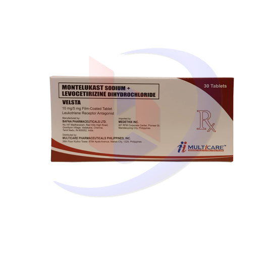 Montelukast Sodium + Levocetirizine Dihydrochloride (Velsta) 10mg/5mg Film Coated Leukotrien Receptor Antagonist Tablet 30's