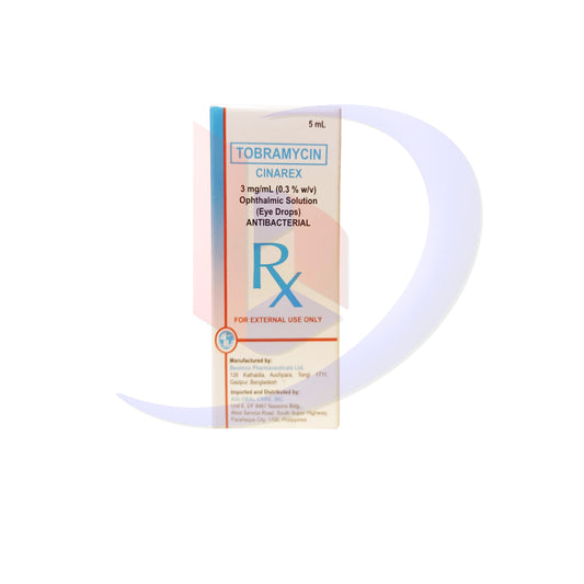 Tobramycin (Cinarex) 3mg/ml (0.3% w/v) Opthalmic Solution Antibacterial (Eye Drop) 5ml