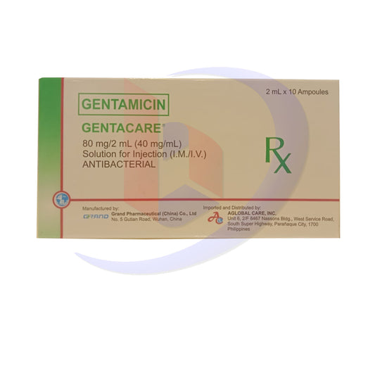 Gentamicin (Gentacare) 80mg/2ml 40mg/ml Solution for Injection I.M/I.V Ampoule 10's